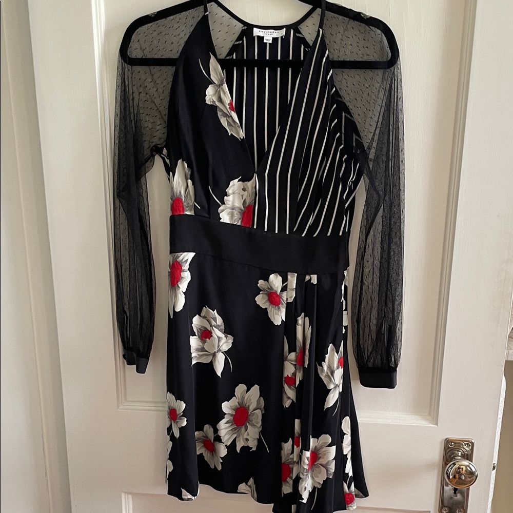 Equipment Silk Floral Black & White Mixed-Print Dress with Sheer Sleeves